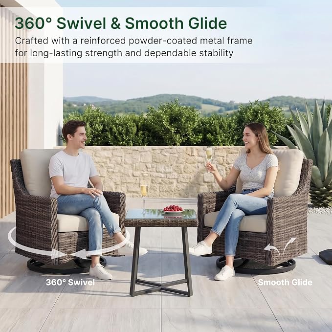 Outdoor Swivel Rocker Patio Chair with Premium Cushion, High Back Wicker Patio Swing Glider for Deck, Porch, Patio and Poolside (Beige, 2 Pcs - Swivel Glider & Side Table)
