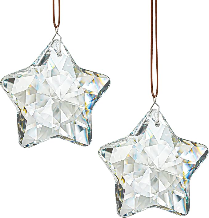 2 Pcs 2 Inch Clear Crystal Star Prism Suncatcher Hanging Decor | Clear Crystal Sun Catcher Prisms Star Shaped Hanging Pendants Set of 2 for Chandelier Patio Garden Window Home Wedding Decor