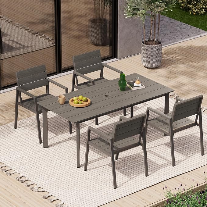 Outdoor Patio Dining Chairs Set of 2, 350LBS Capacity Aluminum Patio Dining Chairs with Armrests, Weather-Resistant for Lawn, Garden, Yard, Poolside and Indoor Use (Gray & Teak)