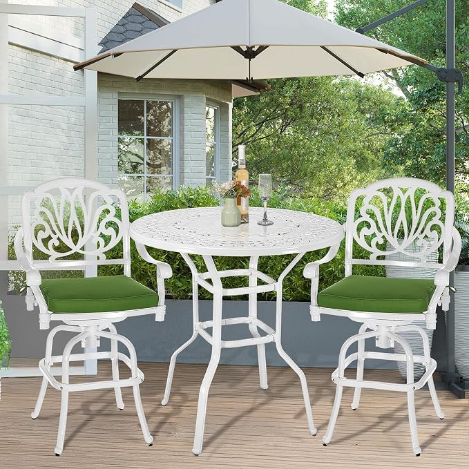 MEETWARM Patio Height Bar Table, 38.5" Bar Height Bistro Table, Outdoor Cast Aluminum Bistro Round High Top Dining Table with 2" Umbrella Hole for Garden Deck Backyard, White