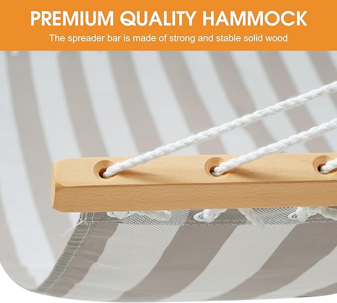Lazy Daze Hammocks 12 FT 2 Person Double Quick Dry Textilene Hammock with Curved Steel Heavy Duty Stand for Outside, Backyard, Patio, 450 Lbs Capacity, Beige White Stripes