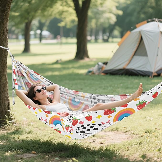 Camping Hammock Outdoor Hammocks for Outside Strawberry Rainbow Cow Beach Trees Portable Lightweight with Pockets Tree Straps Indoor Small