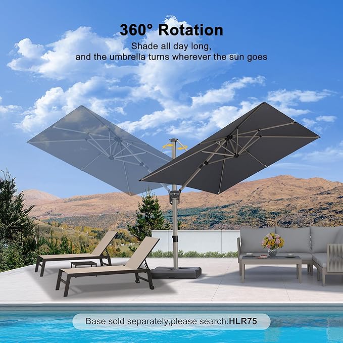 PURPLE LEAF 8’ X 8‘ Patio Umbrella Outdoor Cantilever Umbrella, Aluminum Offset Umbrella with Champagne Frame and 360° Rotation for Pool Deck Garden, Light Grey