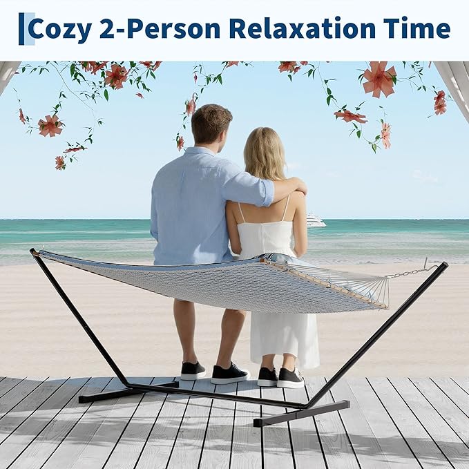 2 Person 12FT Hammocks for Outside, Double Quilted Fabric Outdoor Hammock with Spreader Bar, Large Removable Pillow, Storage Pockets, Carabiners, Max 450 Lbs Capacity
