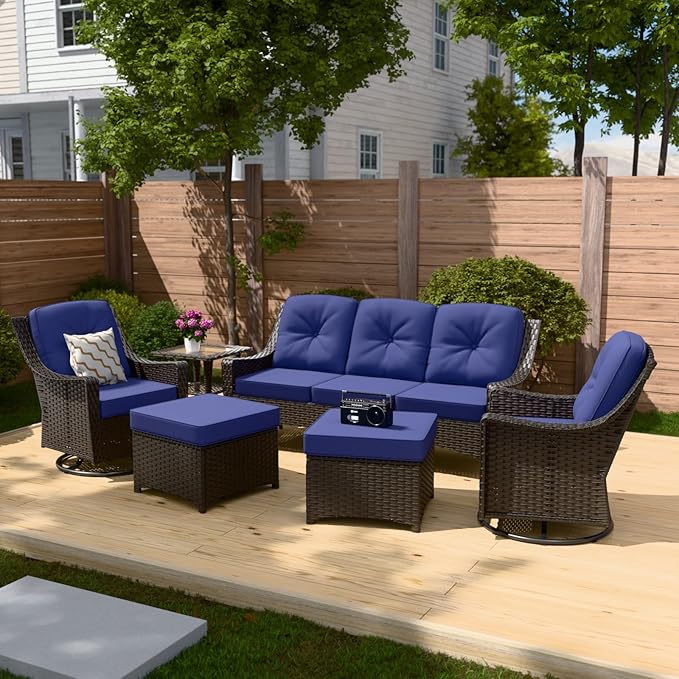 Stone Creek Outdoor Furniture Set with Swivel Rocking Chairs, 3 Seater Couch, Side Table & Ottomans, Wicker Patio Conversation Set, Balcony Furniture, 6 Piece, Brown/Blue