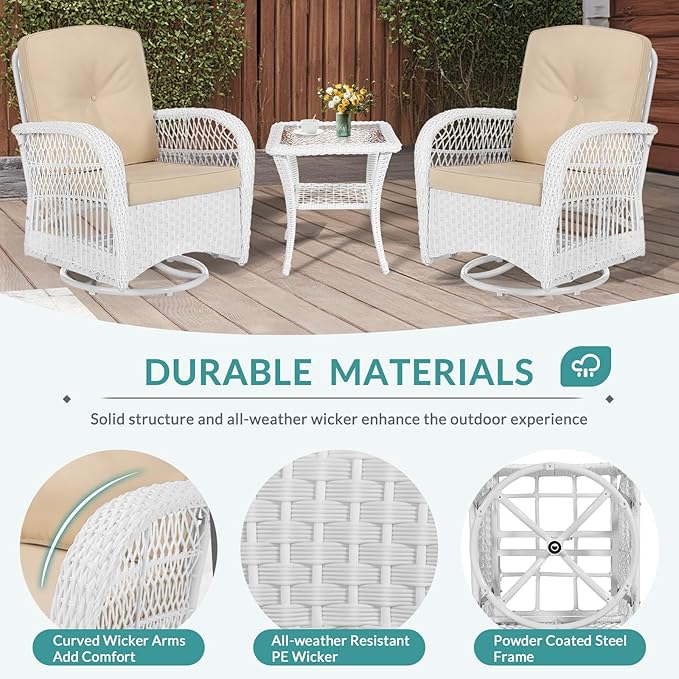 MEETWARM 5 Pieces Outdoor Patio Rattan Furniture Sets, All Weather Patio Wicker Conversation Set - 2 Rocking Swivel Chairs 1 Rattan Loveseat Glider with Cushions, 2 Coffee Table, White Wicker/Beige