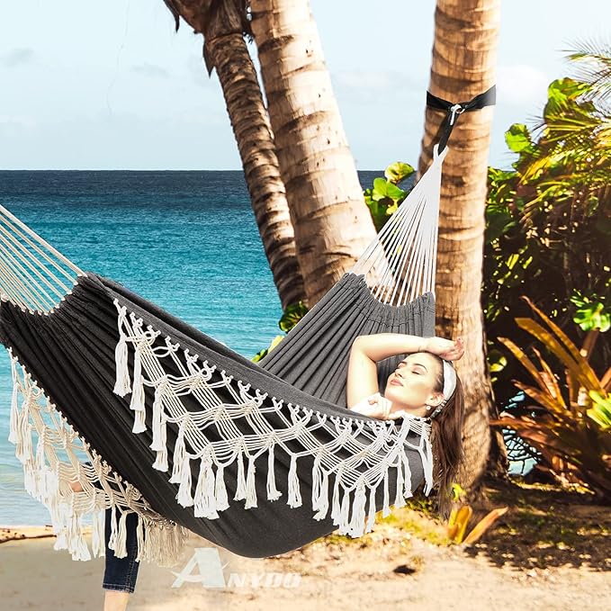 Anyoo Cotton Hammock - Comfortable & Elegant Deluxe Hammock with Tassels - Supports Up to 450lbs - Portable with Travel Bag for Porch, Patio, Yard, Bedroom & Outdoor/Indoor