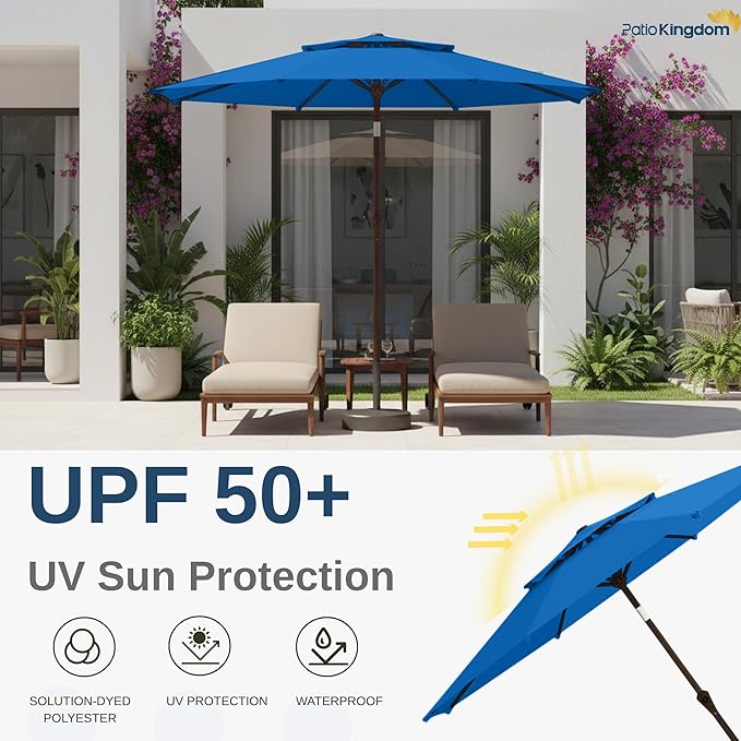 9FT Patio Umbrella 2-Tier Outdoor Market Table Umbrella with Push-Button Tilt & Crank | UPF 50+ & Waterproof for Backyard,Garden,Pool,Deck(Royal Blue)
