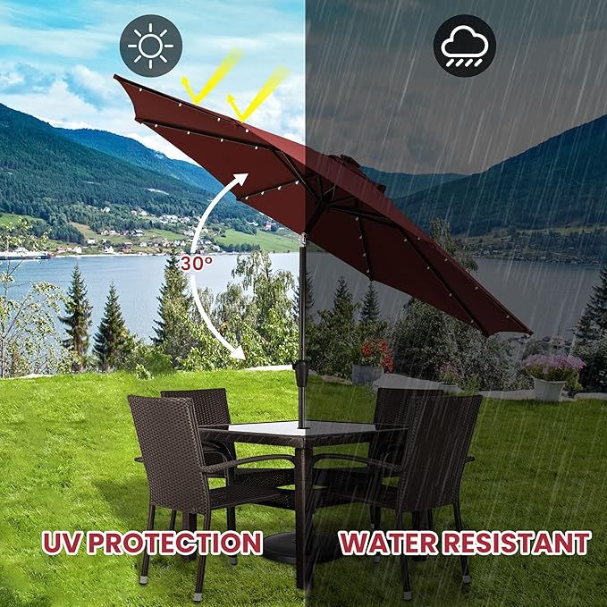 Sun-Ray 9' Round Patio Umbrella with 32 Solar Powered LED Lights, Push-Button Tilt and Hand Crank Lift, Solar Umbrella in Burgundy for Porch, Deck, and Patio
