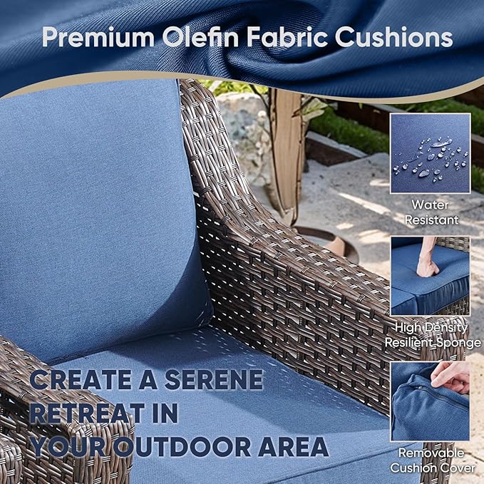 Outdoor Wicker Chair Set of 2-Outdoor Patio Chairs with Deep Seating Patio Dining Chairs for Deck Balcony Poolside Backyard-Brown/Blue