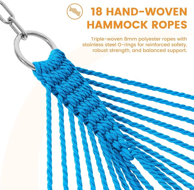 Lazy Daze Hammocks 10.5 FT Double 2 Person Caribbean Rope Hammock, Hand Woven Polyester Hammock with Spreader Bars, for Outside Outdoor Backyard Patio Poolside, 450 LBS Capacity, Blue/SkyBlue