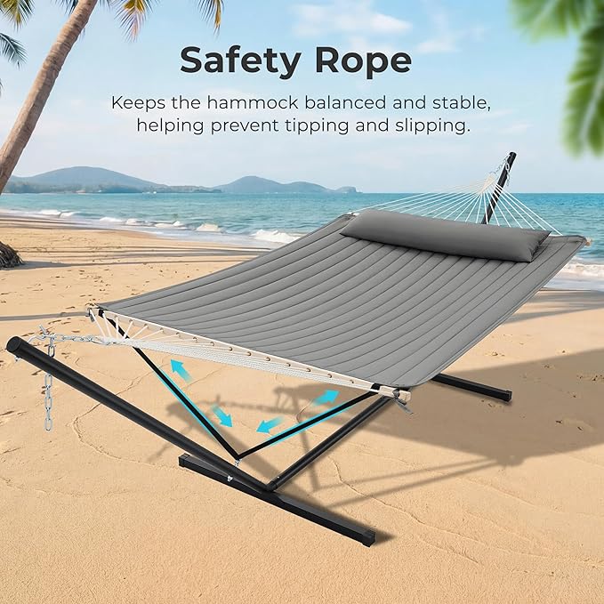 SUPERJARE 12ft Double Hammock with Stand, Rope Hammock for 2 Person, Detachable Hammock Bed and Pillow, Portable, Anti-Tip Safety Ropes, Carry Bag, Outdoor Backyard Patio Camping, Gray