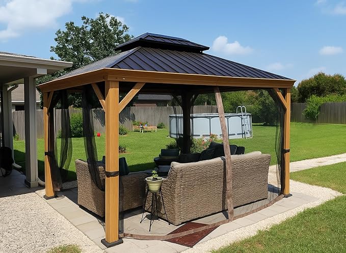 Kozyard Apollo 10’x12’ Hardtop Gazebo, Wooden Coated Aluminum Frame Canopy with Galvanized Steel Double Roof, Outdoor Permanent Metal Pavilion with Netting for Patio Balcony Lawn