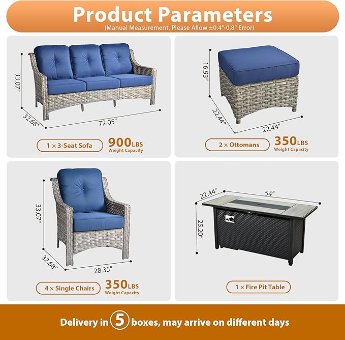 Outdoor Patio Furniture Sets, 8 PCS Patio Conversation Set Outside Rattan Sofa with 54 in Fire Pit Table Comfy Cushions Fit Backyard Porch Garden Poolside Balcony,Navy Blue