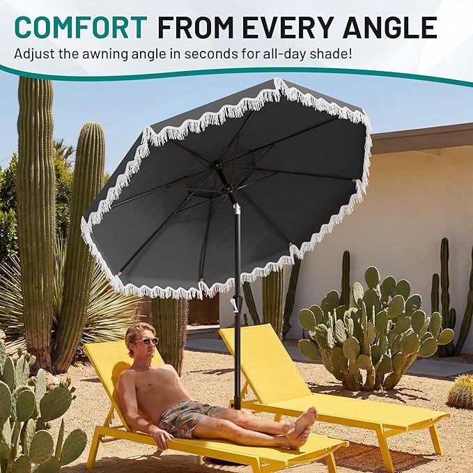AreShark 9FT Patio Umbrella with Fringe, Wind-Resistant Fiberglass 8 Ribs Tassel Outdoor Umbrella with Crank and Push Button Tilt, Double Tier Vent Sun Shade for Pool, Deck, Backyard, Gray