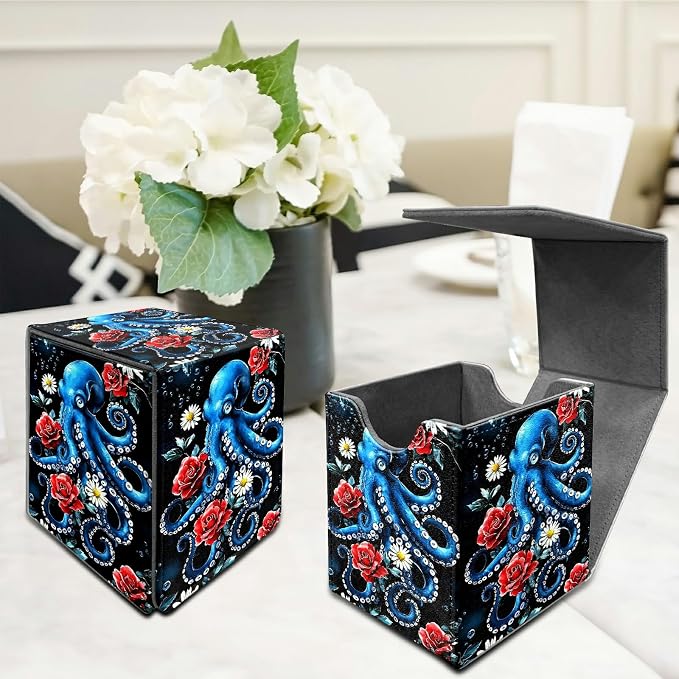 Rose Octopus Card Deck Box for MTG, Personalized Card Storage Case Fits 120+ Sleeved Cards, Premium Leather TCG Box with Strong Magnetic Closure for Magic, CCG, PTCG, Baseball Cards