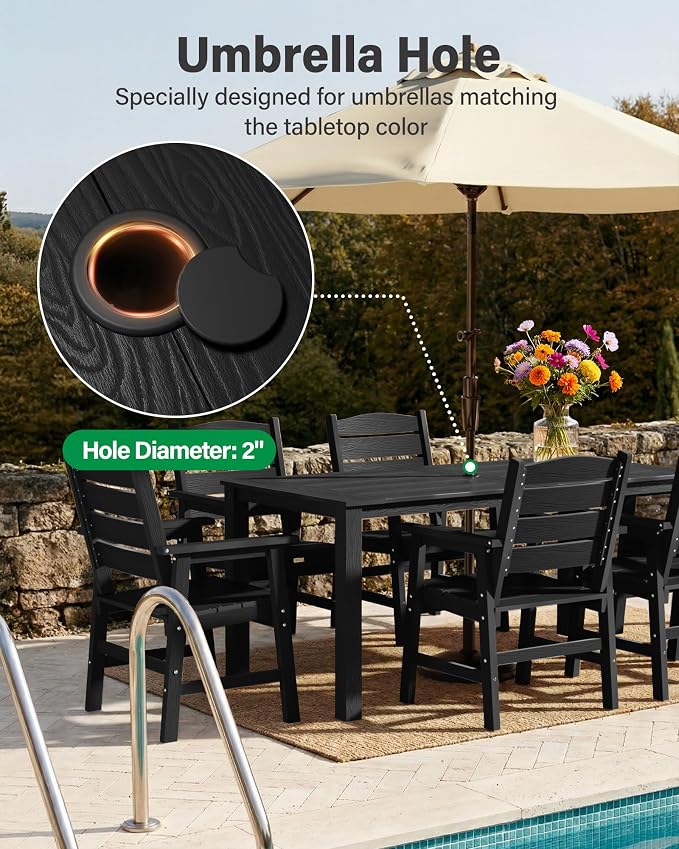 YEFU Patio Dining Sets HIPS: 7-Piece All-Weather Outdoor Table and Chairs with Umbrella Hole - Easy Assembly Patio Dining Set for 6 Modern Outside Furniture for Homeowners with Deck/Pool Black