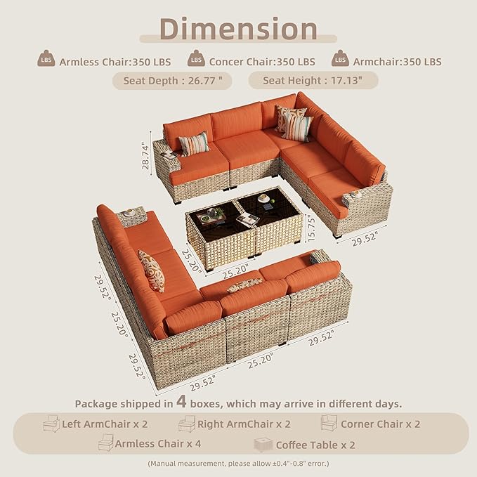 Patio Furniture Sets 12 Pieces Outdoor Sectional Rattan Sofa Manual Weaving Wicker Patio Conversation Set with Ottomans and T Cushion(Red)