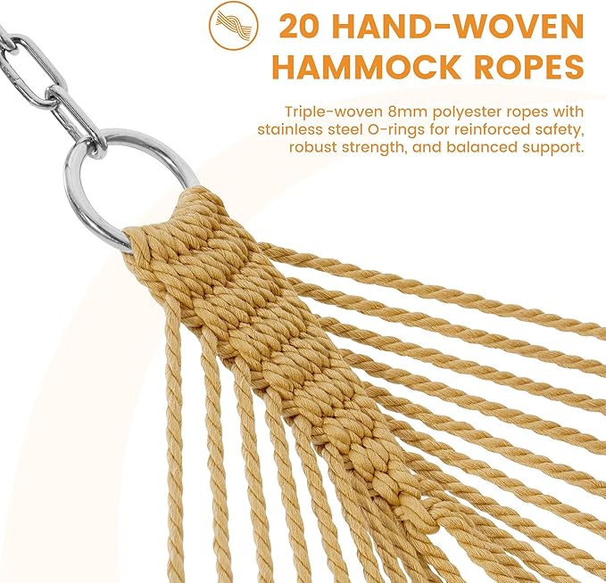 Lazy Daze Hammocks 13 FT Extra Large 2+ Person Caribbean Rope Hammock, Hand Woven Polyester XL Hammock with Spreader Bars, for Outside Outdoor Backyard Patio Poolside, 500 LBS Capacity, Tan