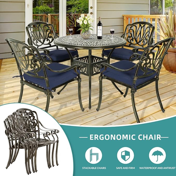 MEETWARM 5 Piece Outdoor Furniture Patio Dining Set, All-Weather Cast Aluminum Patio Table and Chairs Set- 4 Cushioned Chairs, 1 Round Dining Table with Umbrella Hole for Backyard, Navy Blue