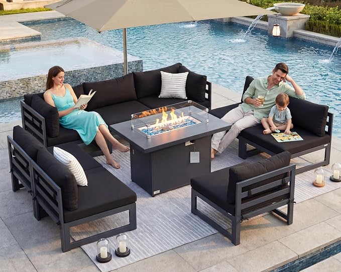 BULEXYARD 9 Pcs Large Modern Aluminum Outdoor Sofa with Rectangular Fire Pit Table, 29" Deep Wide Seat, 500 lbs Durable Sectional Set for Heavy People, All-Weather Patio Furniture Set for Deck, Black
