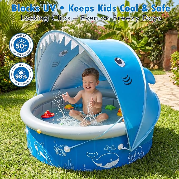Upgraded Kiddie Baby Pool with Canopy & Sprinkler, 47in Foldable Toddler Pool with Shade, Kids Hard Plastic Swimming Wading Pool, Portable Water Play for Backyard Beach Outdoor