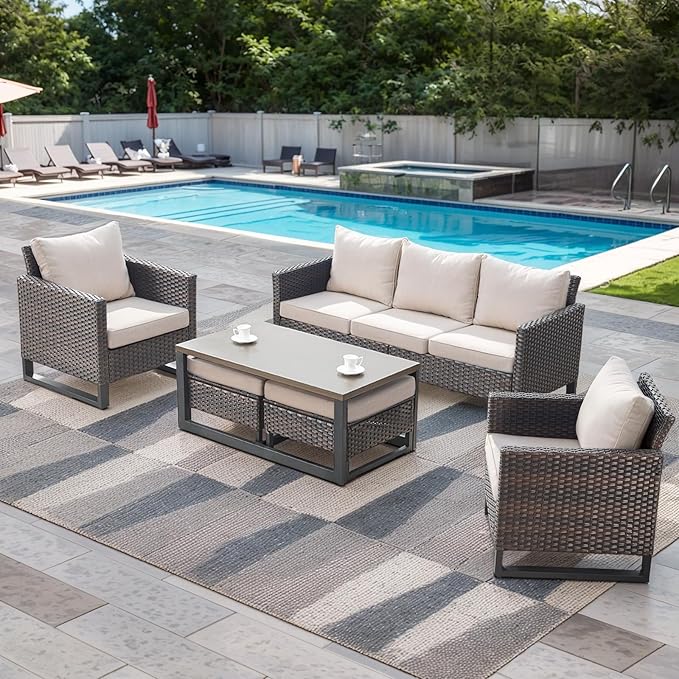 Rilyson Wicker Outdoor Patio Furniture Set - 6 Piece Patio Conversation Set with 2 Armrest Chairs,2 Rattan Ottoman,1 Couch and 1 Metal Side Table for Outside Porch Deck Backyard(Brown/Beige)
