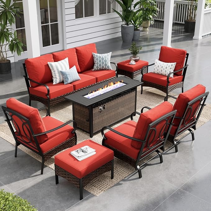 Sophia & William Patio Furniture Set with 56" Fire Pit Table, 9 Seats Metal Frame Outdoor Conversation Sets Wicker Patio Sectional Sofa Set with Ottomans for Porch, Deck, Poolside, Red