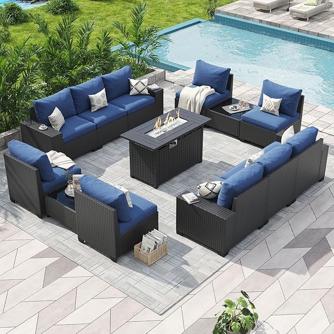 Aoxun Patio Furniture Sets with 44'' Fire Pit, 13 Pcs Outdoor Patio Coversation Sets with 4in Thicken Cushion, Widen Armrests Wicker Outdoor Sectional for Backyard (Waterproof Cover Include)