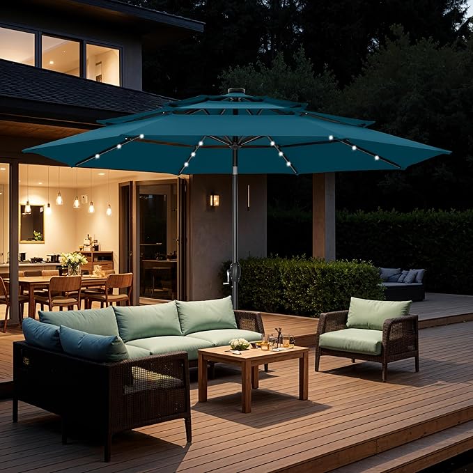 GREEN PARTY 10ft Patio Umbrella with Solar Lights, Auto-Tilt Lighted Market Table Umbrellas with Crank, 8 Sturdy Ribs & 1.5" Pole outdoor umbrellas for Patio Garden Deck Backyard Pool, Cerulean