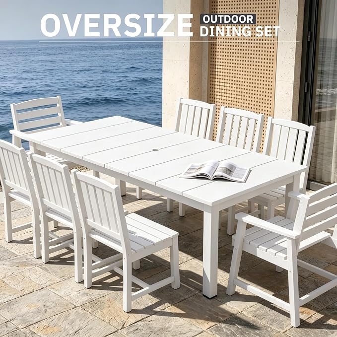 AreShark 9-Piece Outdoor Dining Set,HDPE Patio Table with 8 Chairs,All-Weather Patio Furniture Set with Umbrella Hole,Low Maintenance Wood Grain Dining Set for Backyard,Garden,Poolside,White