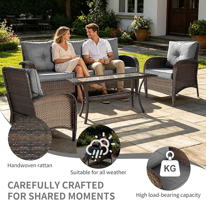 Outdoor Swivel Rocker Patio Chairs (Brown Wicker/Grey Cushion, 4PC/Sofa & Chair &Coffee Table)