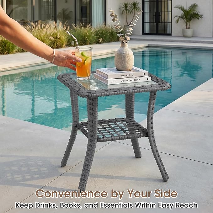 7 Piece Patio Furniture Set with Fire Pit, Grey Wicker Outdoor Conversation Set with 2 Swivel Rocker Chairs, 2 Wicker Chairs, Sofa, Side Table and Rectangular 60,000 BTU Fire Pit Table