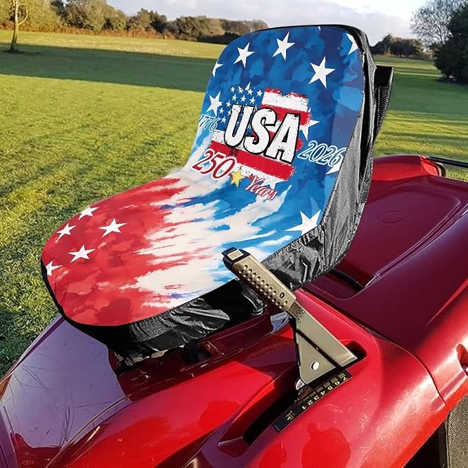 American Flag 1776-2026 Lawn Mower Seat Cover USA 250th Anniversary Non-Slip Tractor Riding Lawn Mower Seat Cover for Agricultural and Industrial Vehicle