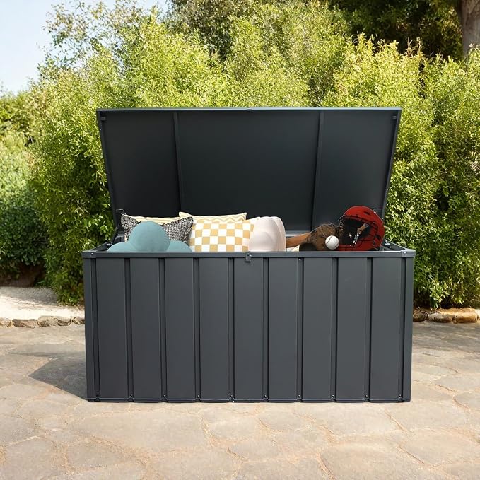 ChicFurnit Outdoor Storage Box, 120 Gallon Deck Box with Lockable Metal Lid & Portable Side Handles, Outdoor Storage Bin with Stable Support Rod, Soft Close Mechanism & Mobility Rollers, Dark Gray