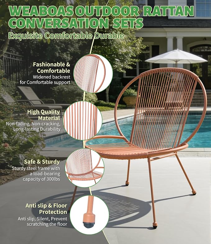 3-Piece Outdoor Patio Bistro Set, Wicker Chairs with Cushions, PE Rattan All-Weather Conversation Set with Coffee Table for Balcony, Porch, Backyard, Poolside, Garden, Deck, Terracotta