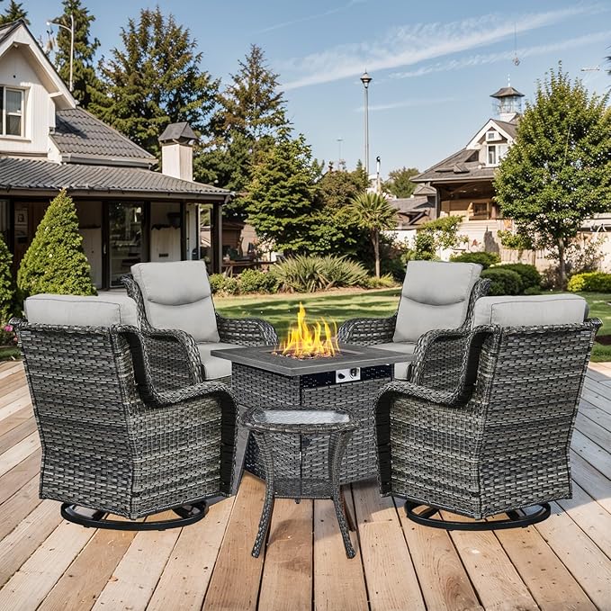 Patio Luxury Conversation Set - 6PCS Resin Wicker Swivel Chairs, 4 Chairs With Rattan Side Table and 30in Square Fire Table - Grey Wicker|Grey Cushions