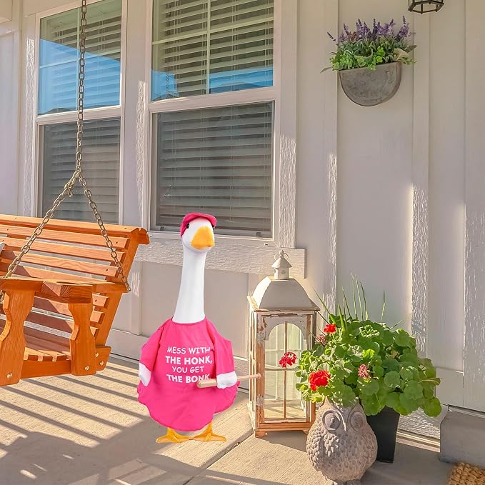 CAMDUCK Funny Porch Goose Outfit for 23 Inch Goose Statue, Mess with The Honk You Get The Bonk Goose Clothes, Decorative Lawn Geese Costume Clothing for Outdoor Decor (Pink)