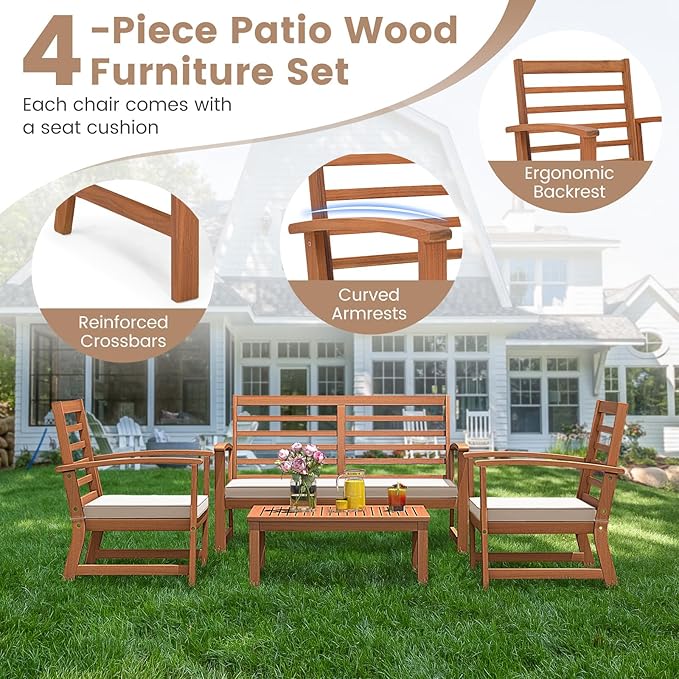 Tangkula 4 Pieces Outdoor Furniture Set, Acacia Wood Conversation Set w/Soft Seat Cushions, Stable Acacia Wood Frame, Patio Sofa & Coffee Table Set for Backyard, Porch, Poolside (White)