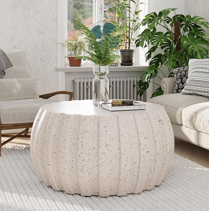 35.43" Faux Stone Coffee Table Round for Indoor or Outdoor Concrete Coffee Tables MgO Cement Center Tables for Living Room, Patio, Garden, Backyard, Balcony, Waterproof, White Drum