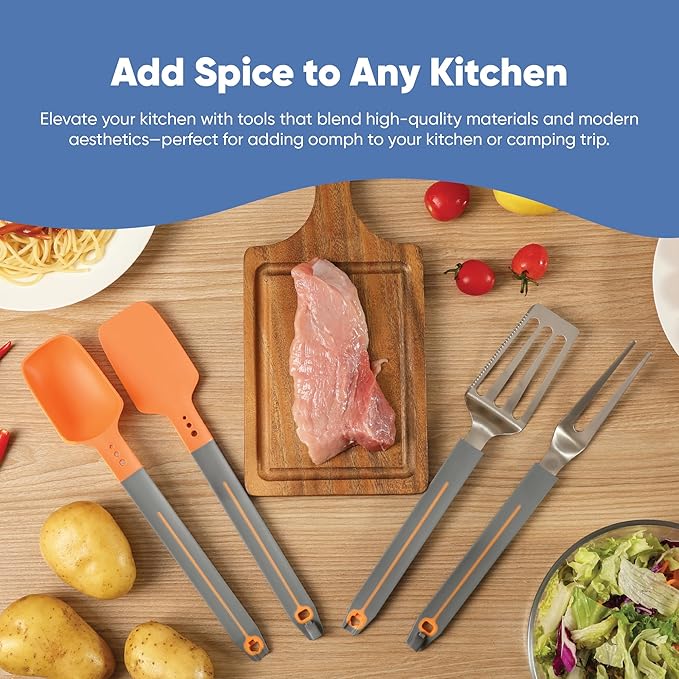 Chef’s Path Grip & Flip Utensil Set - Snap-on Kitchen Tongs & Cooking Utensil Set - Cooking Spoon, Spatula Scraper, Grill Spatula, & Grill Fork for Home Kitchen, BBQ Tools, Camping & Outdoor Cooking