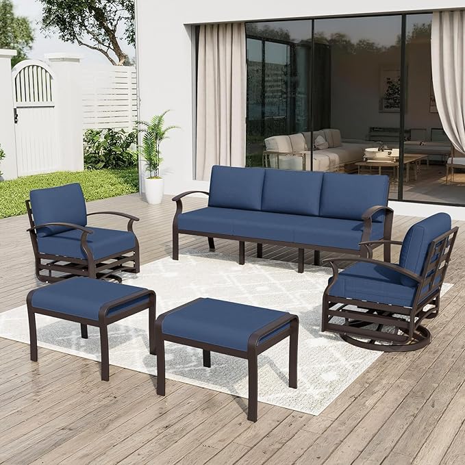ALAULM Aluminum Patio Furniture Set with Swivel Chairs 7-seat Metal Outdoor Furniture Patio Sectional Sofas w/2 Ottomans for Porch, Backyard, Poolside-Dark Blue