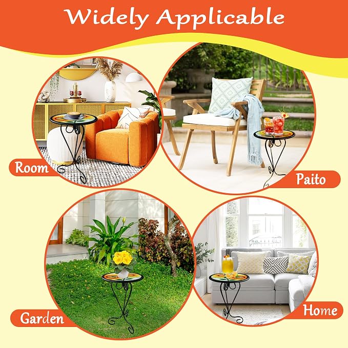 Bee Sunflower Side Tablle with Glass Top & Metal Base Furniture Decor | Manortang; 12 Inch; Side Table; Glass Top & Metal Base; Living Room Decor; handicrafts; Indoor & Outdoor; Great gift choice