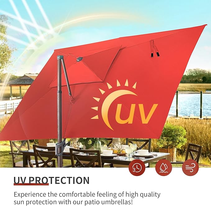 JZAC & QZYD 9x12 FT Outdoor Cantilever Patio Umbrella with Base Included and LED Lights, Large Heavy Duty 2-Tier Aluminum Offset Umbrellas with 360-Degree Rotation for Pool Deck, Red
