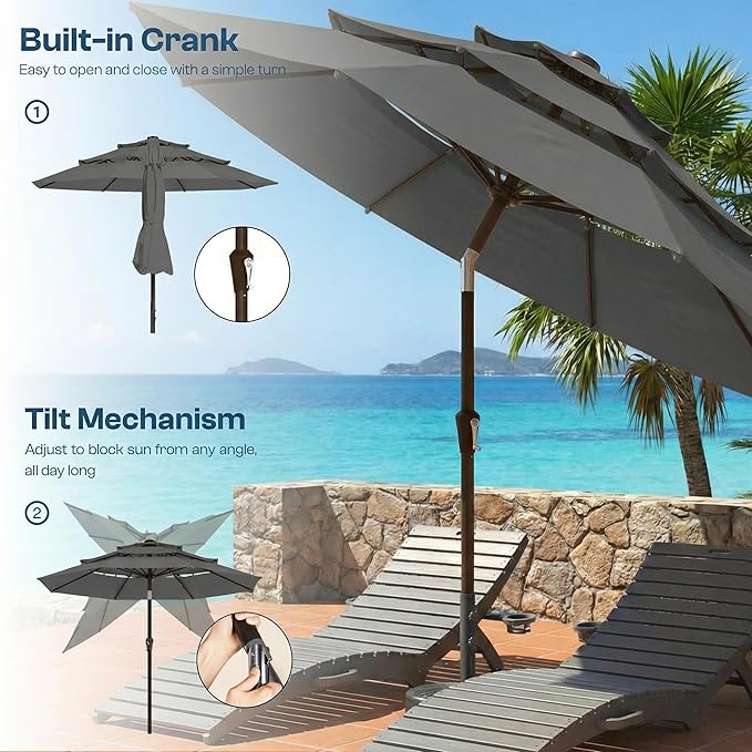 10ft Patio Umbrella, 3 Tier Outdoor Market Table Umbrellas with 8 Fiberglass Ribs and Push Button Tilt, Windproof, Vented Canopy, UV Protection for Deck, Pool, Backyard
