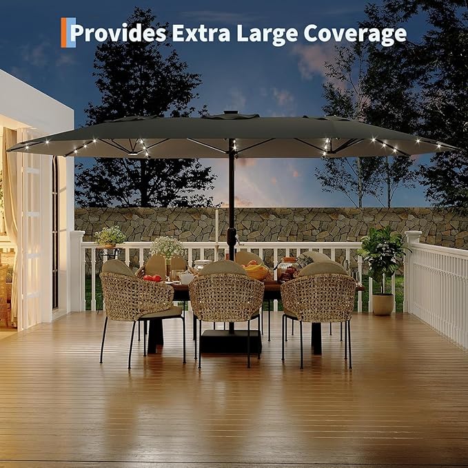 Garvee 15 ft Rectangular Patio Umbrella with Base Included - Large Patio Umbrella with Crank Handle 36 LED Lights, UV Protection for Outdoor Market, Backyard, Deck, Pool, Grey