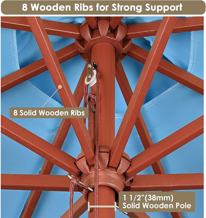 9 Ft Wooden Patio Umbrella 8 Ribs Table Parasol Rope Pulley Outdoor Garden Yard