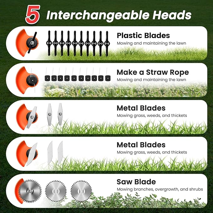 Cordless Weed Wacker, Stringless Electric Weed Eater & Lawn Edger with 2x2000mAh Battery. Lightweight Weed Cutter/Grass Cutter, 5 Different Blades & Wheels,Suitable for Garden Yard Trimming