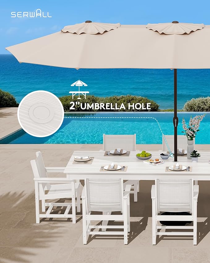 SERWALL 9 Piece Outdoor Dining Set, 84" HDPE Outdoor Large Table and Textilene Sling Chairs for 8，All Weather Patio Dining Furniture Set with Umbrella Hole for Backyard, Garden, White