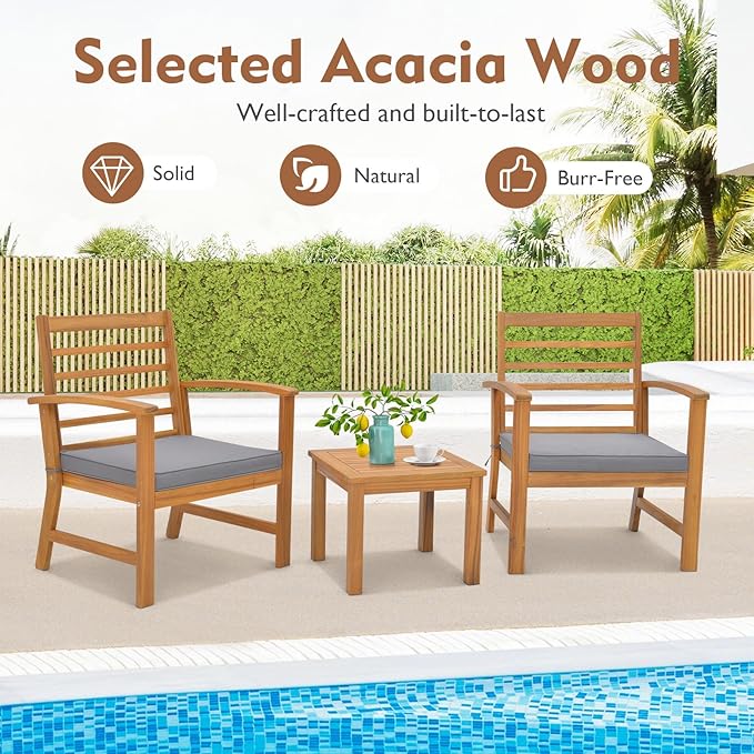 Tangkula 3 Pieces Outdoor Furniture Set, Acacia Wood Conversation Set with Soft Seat Cushions, Stable Acacia Wood Frame, Patio Sofa & Coffee Table Set for Backyard, Porch, Poolside (Grey)